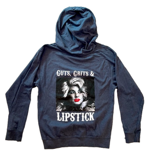 Dolly Parton Guts, Grits & Lipstick dark gray pullover hoodie, size S